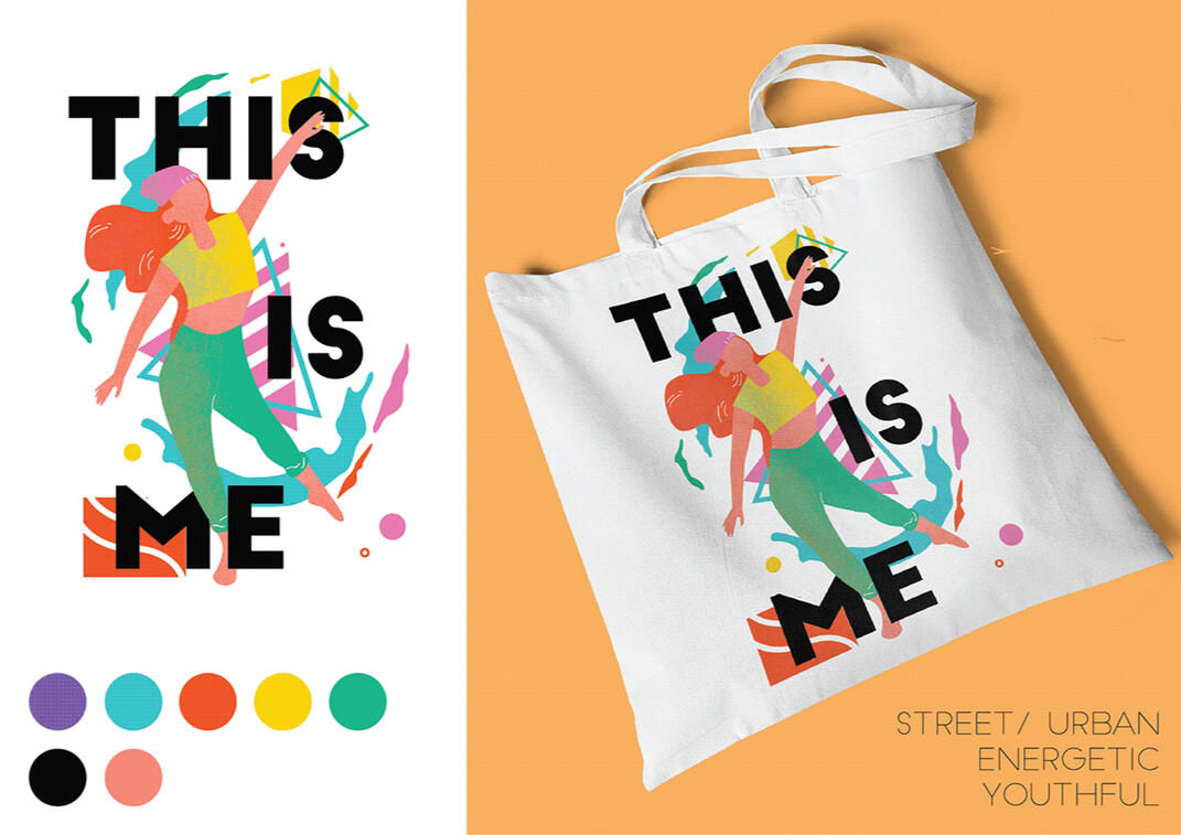 Print design for tote bags that embody youthfulness and energy with a combination of street &amp; urban flare. Made using Adobe Photoshop and Adobe Illustrator.
