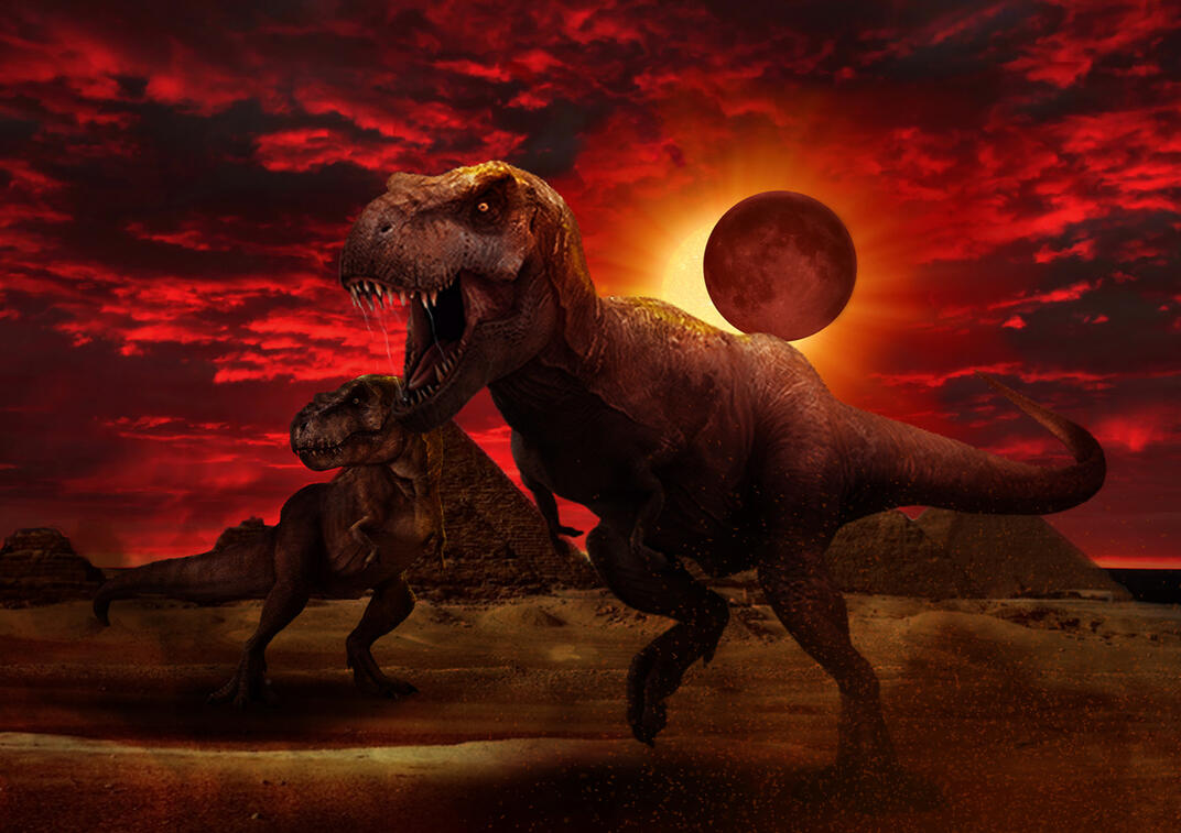 Matte painting portraying an apocalyptic scenery, in which dinosaurs roam the earth once again as the sun, moon, and earth are aligned. Made using Adobe Photoshop.