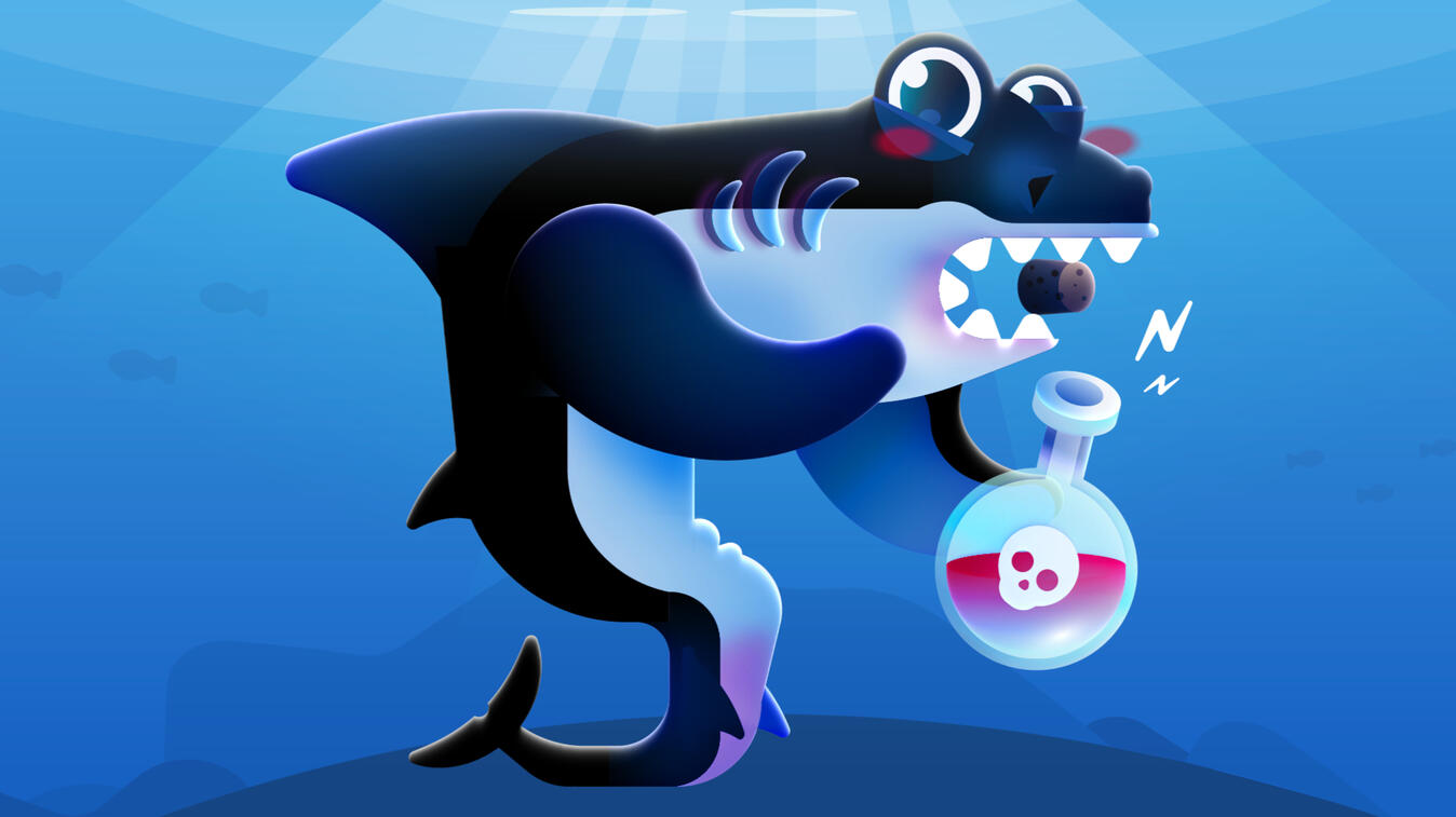 An unwieldy shark eating a vial of poison. Made using Adobe Illustrator.