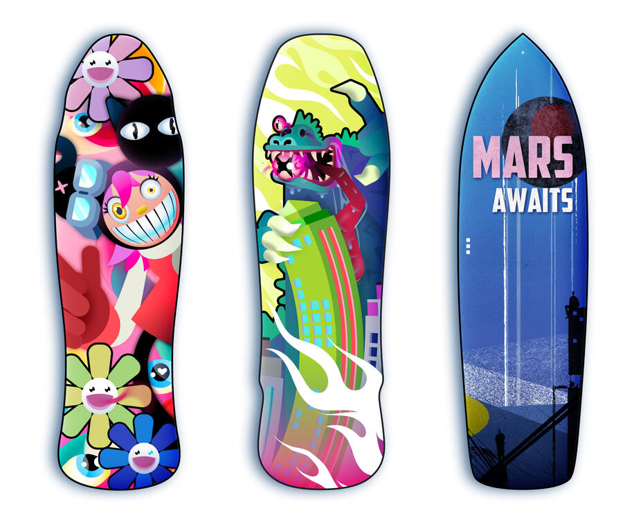 Skateboard deck designs. Made using Adobe Illustrator.